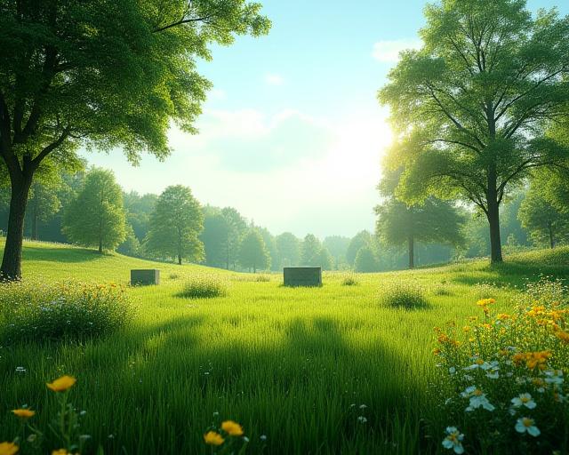 A tranquil natural burial ground with wildflowers and mature trees under a serene sky.